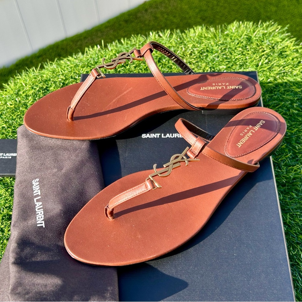 SAINT LAURENT CASSANDRE THONG FLAT SANDAL BROWN LEATHER GOLD YSL SZ 39 NEW - Picture 13 of 16
